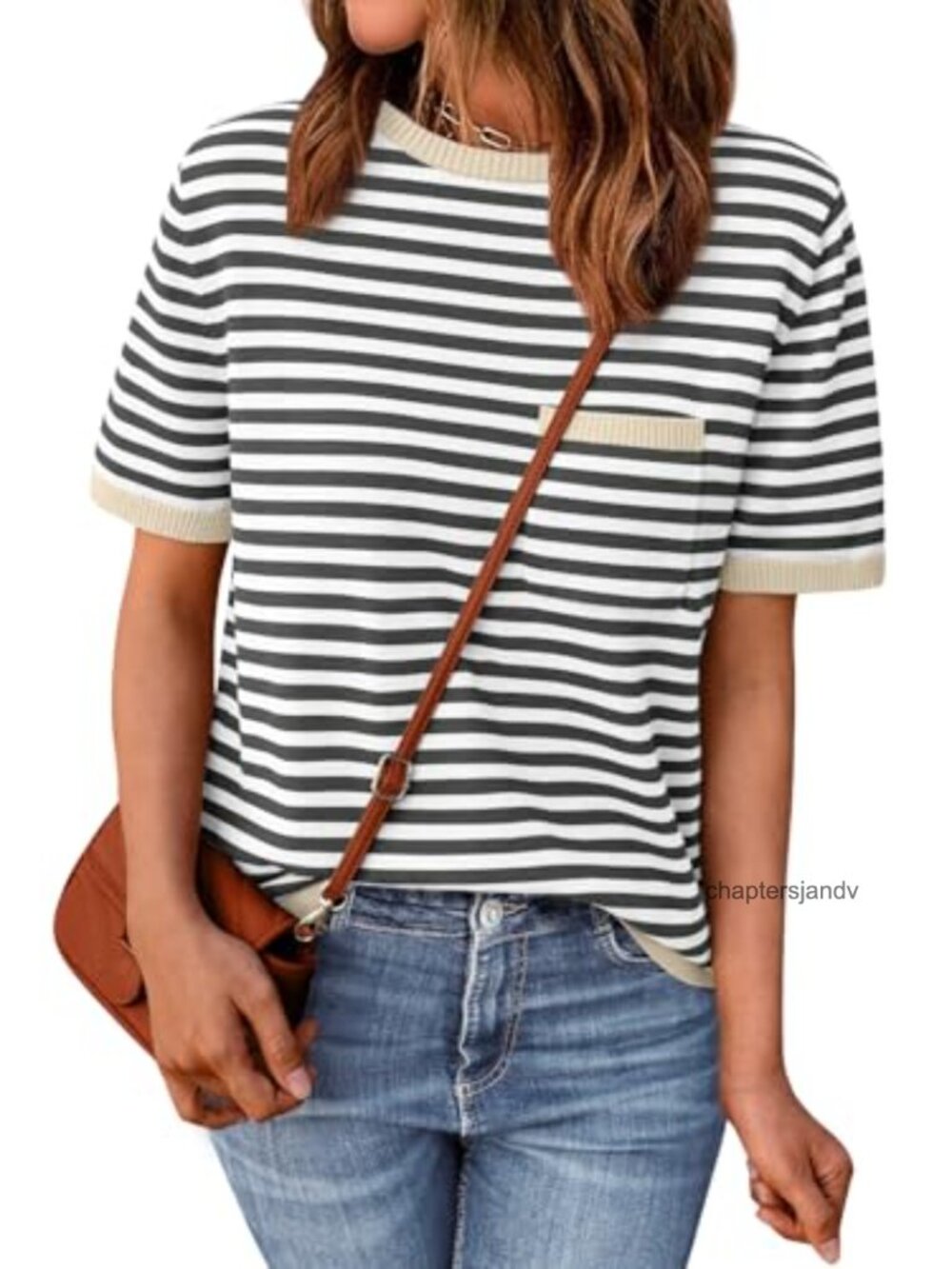 Striped Short Sleeve Sweater Top with Chest Pocket Crew Neck Pullover